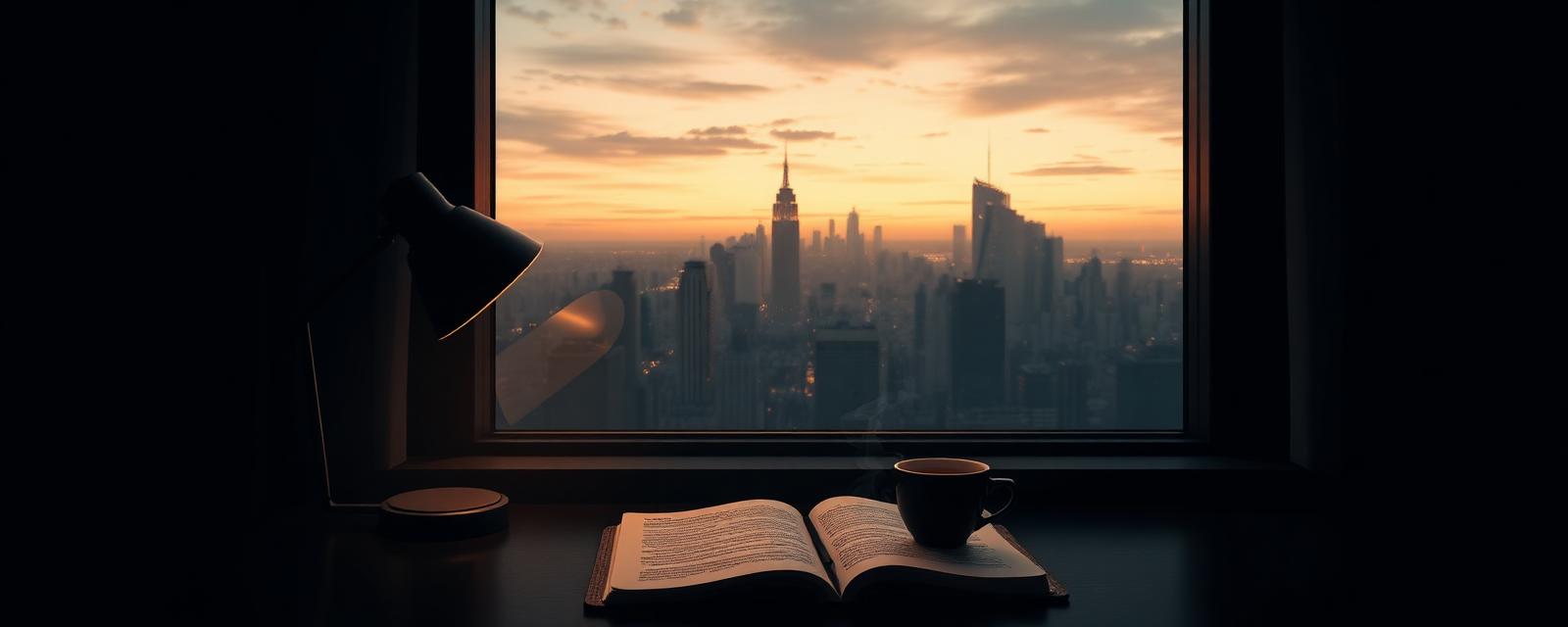 Pre-dawn skyline from a private office with a lamp, notebook, and espresso