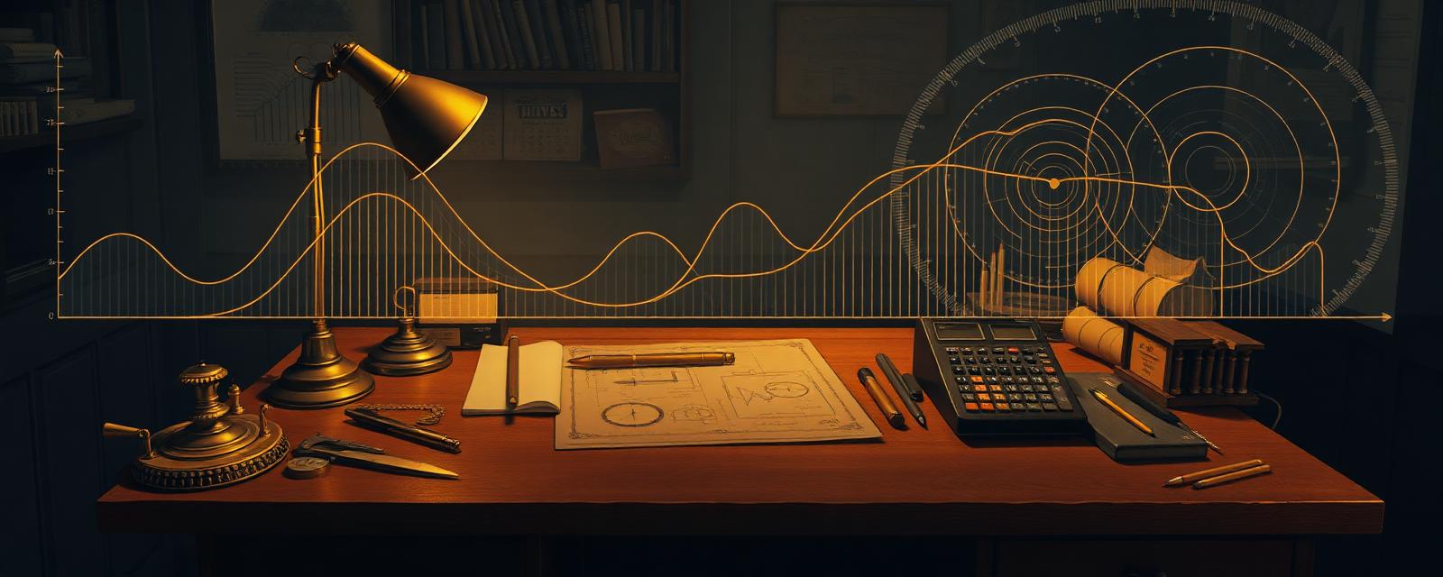 A craftsman's drafting desk with brass instruments and glowing growth curves