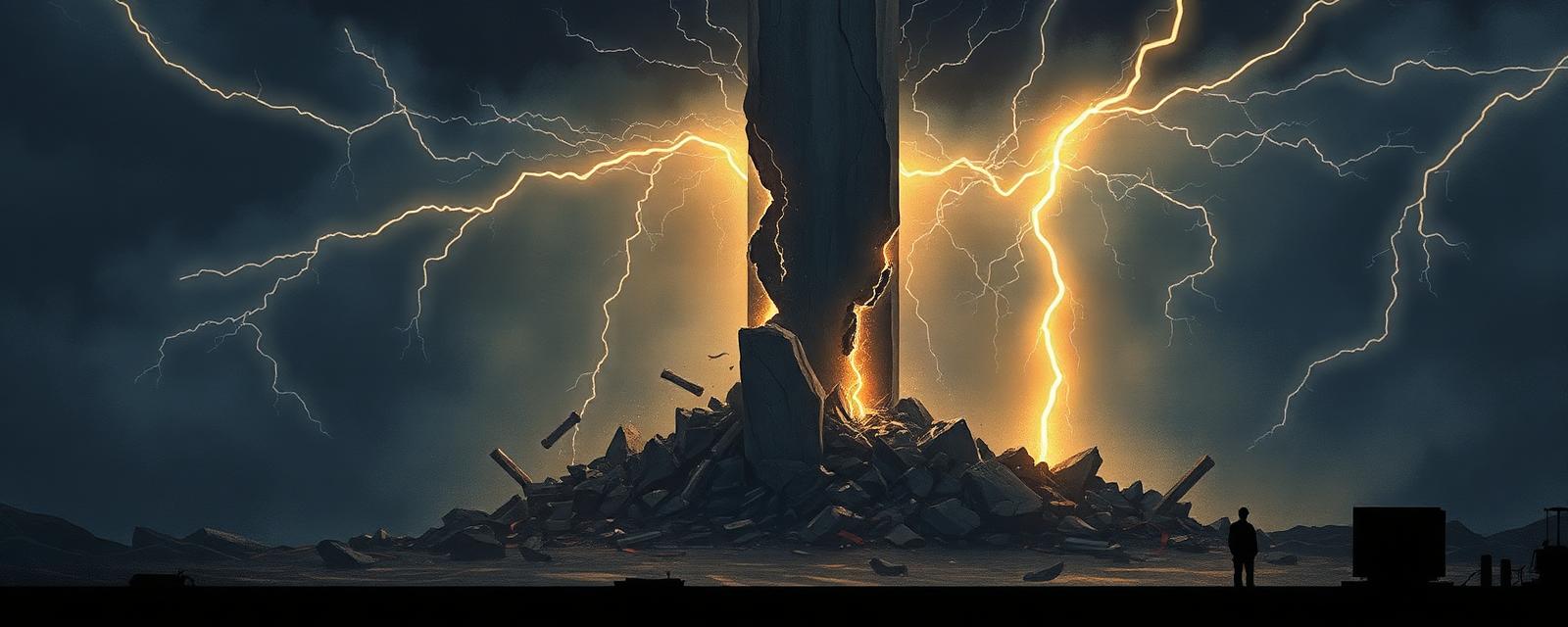 A cracked granite pillar struck by lightning above a stormy market arena