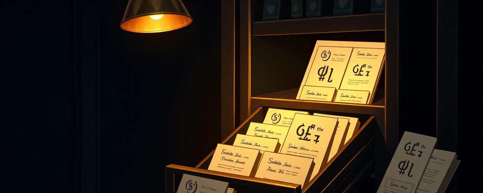 An antique brass card catalog spilling glowing index cards of financial terms