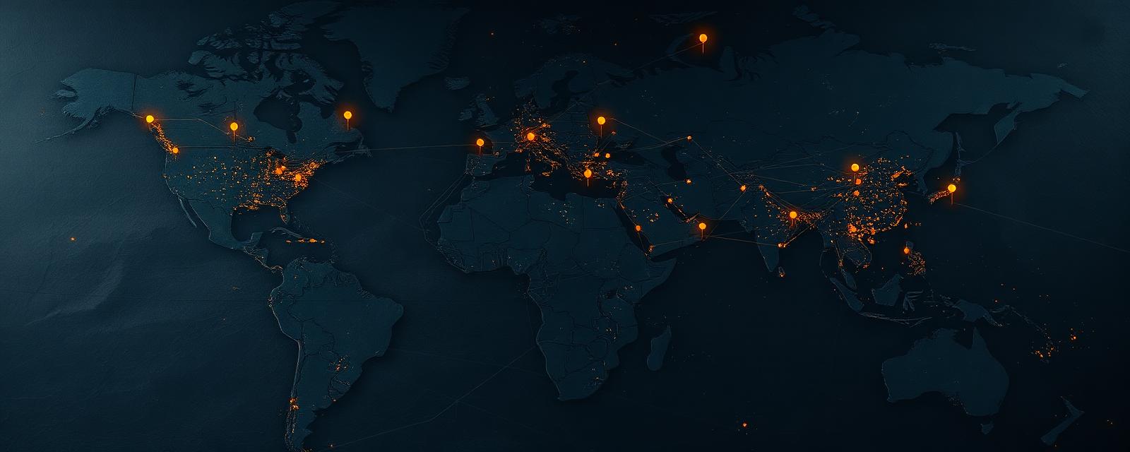 A dark slate world map with glowing capital-flow lines and brass pins