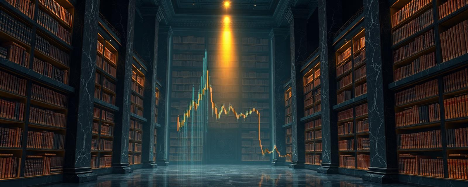 A vast research library merged with a glowing trading floor