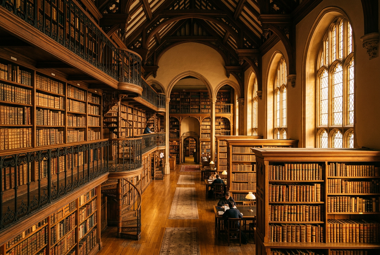 Rows of books in a library representing story-world and publishing rights